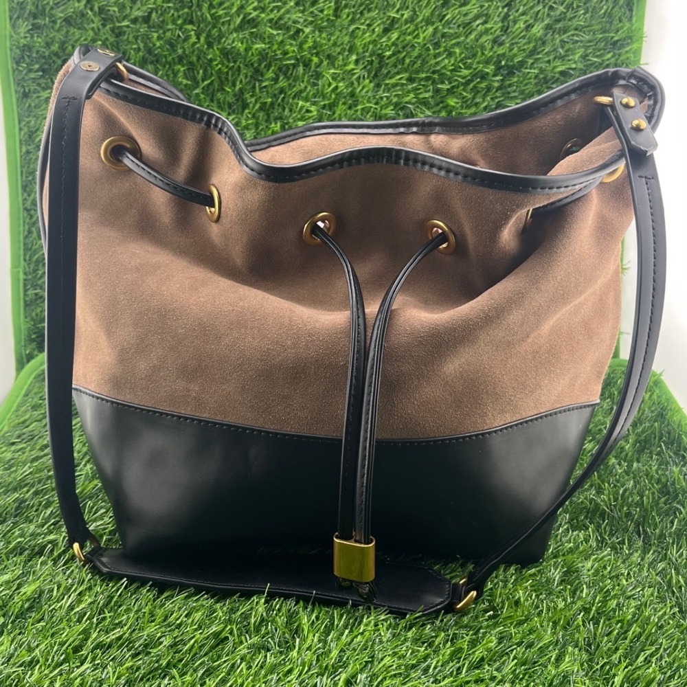 ZARA Brown Suede Bucket Bag Black Leather Trim Drawstring Crossbody Chic City - Picture 8 of 13